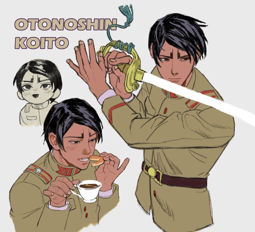 1boy absurdres arm_up arms_up belt belt_buckle black_eyes black_hair brown_belt brown_coat buckle character_name closed_mouth coat commentary_request cropped_legs cup dark-skinned_male dark_skin doughnut food golden_kamuy highres holding holding_cup holding_weapon koito_otonoshin layered_sleeves long_sleeves male_focus military_uniform myqqroom open_mouth pinky_out short_hair solo star_(symbol) sword tea teacup teeth weapon