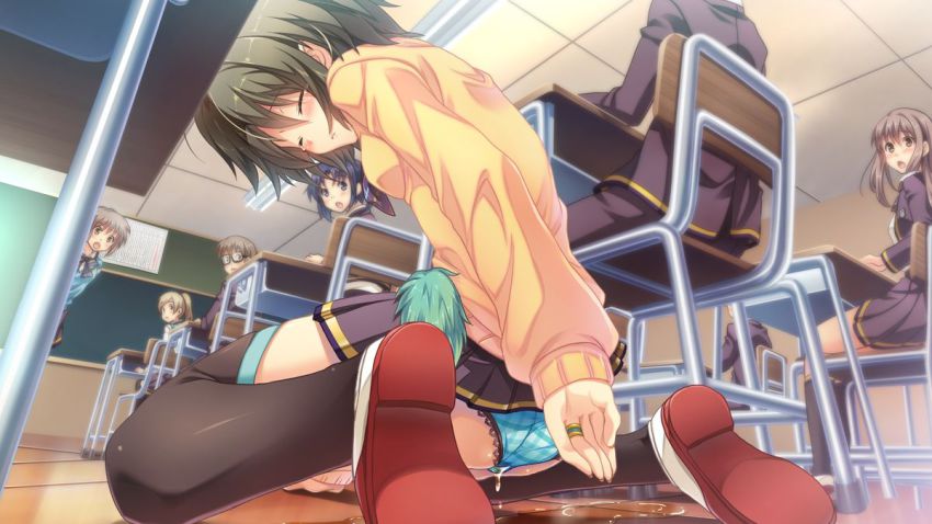 aoyagi_natsuya black_legwear blush brown_hair classroom closed_mouth embarrassed closed_eyes female_focus jewelry long_hair long_sleeves multiple_girls open_mouth otome_switch peeing peeing_self ring school school_uniform serafuku short_hair sitting thighhighs zettai_ryouiki