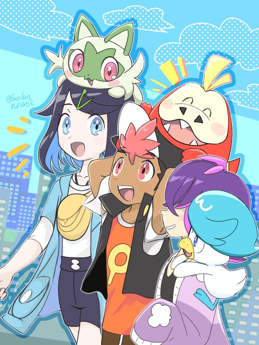 1boy 2girls bag black_jacket blonde_hair blue_eyes blue_hair blue_jacket blush creatures_(company) dot_(pokemon) fuecoco game_freak hair_over_eyes highres jacket liko_(pokemon) multiple_girls nintendo open_mouth pink_eyes pokemon pokemon_(anime) pokemon_horizons purple_hair purple_jacket quaxly roy_(pokemon) runachikku smile sprigatito