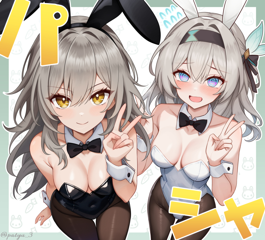 2girls @_@ animal_ears black_hairband black_leotard blush breasts cowboy_shot detached_collar fake_animal_ears firefly_(honkai:_star_rail) grey_hair hair_between_eyes hair_ornament hairband highres honkai:_star_rail honkai_(series) leotard long_hair looking_at_viewer medium_breasts multiple_girls open_mouth patyu3 playboy_bunny rabbit_ears simple_background smile stelle_(honkai:_star_rail) trailblazer_(honkai:_star_rail) two-tone_eyes v wrist_cuffs