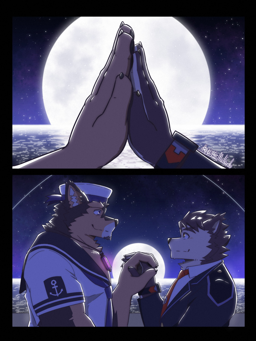 2boys anchor_print animal_ears bara brown_fur collared_shirt couple dog_boy dog_ears eye_contact facial_hair from_side full_moon furry furry_male furry_with_furry glowing_neckwear goatee hand_up hat highres holding_hands interlocked_fingers large_hands live_a_hero looking_at_another male_focus male_protagonist_(live_a_hero) mallards moon multiple_boys muscular muscular_male ocean pectorals pubraseer_(live_a_hero) sailor sailor_collar sailor_hat sailor_shirt sequential shirt short_hair smile thick_eyebrows two-tone_fur upper_body yaoi