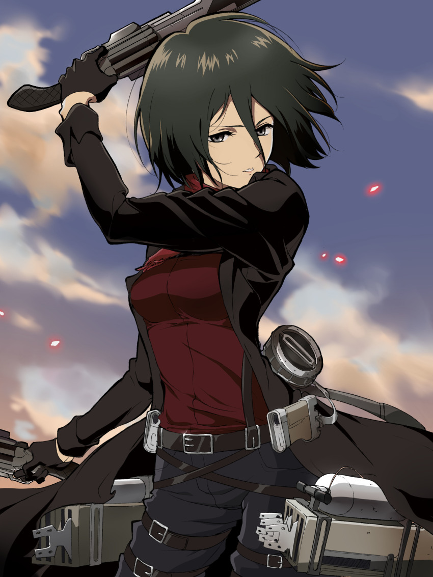 1girl absurdres arm_up belt black_coat black_eyes black_gloves black_hair black_pants bob_cut breasts cloud coat commentary cowboy_shot gloves hair_between_eyes hair_strand highres holding holding_weapon long_bangs looking_at_viewer medium_breasts micaoz mikasa_ackerman official_style open_clothes open_coat pants parted_lips red_scarf red_shirt scarf shingeki_no_kyojin shirt short_hair sky solo thigh_strap three-dimensional_maneuver_gear trench_coat weapon