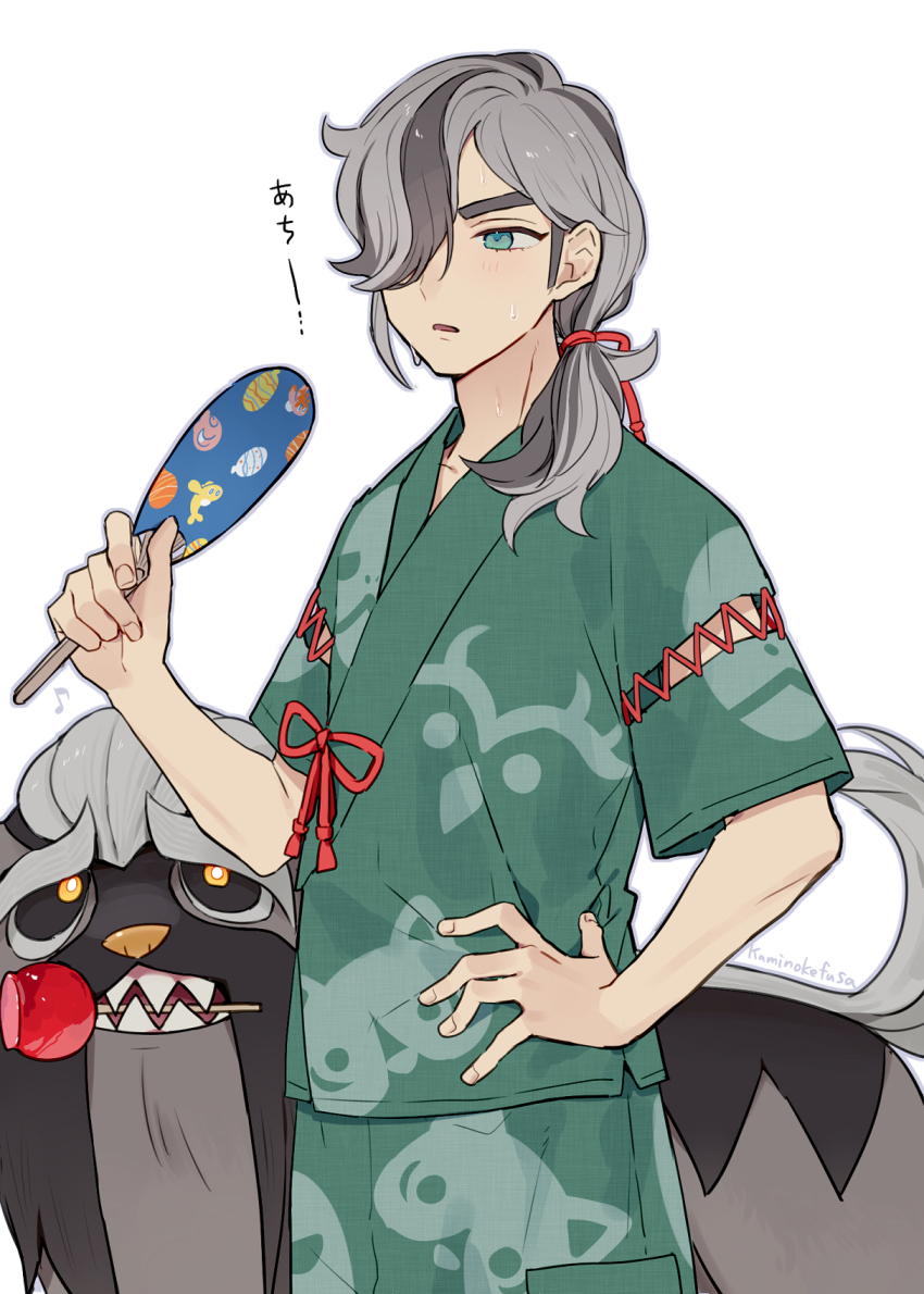 1boy arm_up arven_(pokemon) black_fur candy_apple commentary creatures_(company) food food_in_mouth game_freak green_eyes green_kimono grey_fur grey_hair hair_over_one_eye hair_tie hand_fan hand_on_own_hip highres holding holding_fan japanese_clothes kaminokefusa kimono long_hair looking_at_another mabosstiff male_focus multicolored_hair nintendo open_mouth pokemon pokemon_(creature) pokemon_sv ponytail print_kimono print_paper_fan red_ribbon ribbon sharp_teeth simple_background summer_festival sweat sweatdrop teeth two-tone_hair white_background wide_sleeves yellow_pupils
