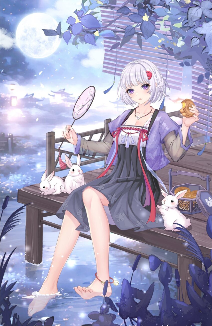 1girl alternate_costume animal anklet bamboo_screen banbi barefoot bench black_skirt blush braid collarbone dress feet flower food full_body full_moon hair_ornament hand_fan hanfu highres holding holding_fan holding_food jacket jewelry long_sleeves looking_at_viewer moon mooncake necklace nihongdengxiade_mcvvv0v0 outdoors paper_fan parted_lips purple_eyes purple_jacket qixiong_ruqun rabbit ribbon ruqun see-through_clothes short_hair sitting skirt sky soaking_feet solo sovetsky_soyuz_(warship_girls_r) tuanshan uchiwa warship_girls_r water white_hair