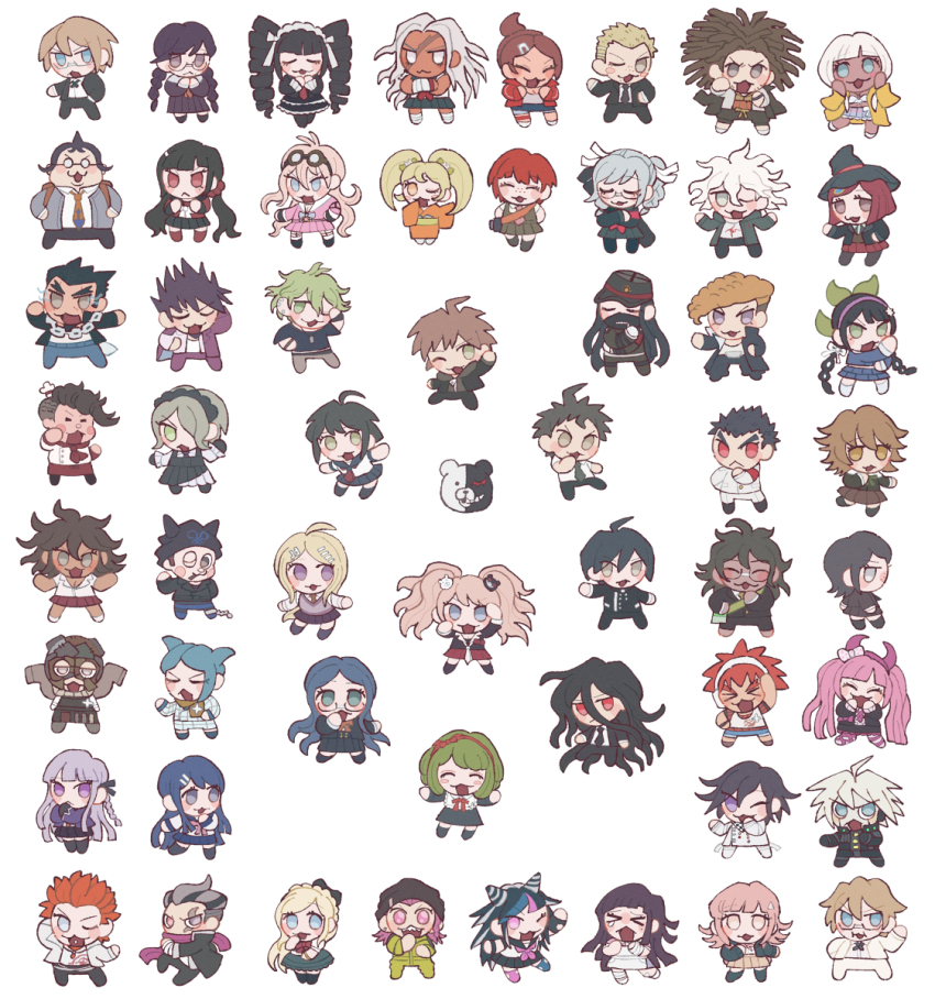 30en_(esx5g) 6+boys 6+girls :d :o ;d ;o ahoge akamatsu_kaede amami_rantaro antenna_hair asahina_aoi black_hair black_hat black_ribbon blonde_hair blue_eyes blush bow braid breasts brown_hair celestia_ludenberg chabashira_tenko character_request checkered_clothes chibi collared_shirt cosplay daimon_masaru_(danganronpa) danganronpa:_trigger_happy_havoc danganronpa_(series) danganronpa_2:_goodbye_despair danganronpa_another_episode:_ultra_despair_girls danganronpa_v3:_killing_harmony dark-skinned_female dark-skinned_male dark_skin enoshima_junko everyone freckles fujisaki_chihiro fukawa_toko genocider_shou glasses goggles goggles_on_head gokuhara_gonta grey_hair hagakure_yasuhiro hair_between_eyes hair_bow hair_ornament hair_ribbon hairclip hanamura_teruteru harukawa_maki hat headdress highres hinata_hajime holding hood hoshi_ryoma ikusaba_mukuro iruma_miu ishimaru_kiyotaka jacket k1-b0 kirigiri_kyoko koizumi_mahiru komaeda_nagito kurokuma_(danganronpa) kuwata_leon kuzuryu_fuyuhiko long_hair long_sleeves looking_at_viewer maizono_sayaka medium_hair messy_hair mioda_ibuki momota_kaito monodam monokid monophanie monosuke monotaro_(danganronpa) multicolored_hair multiple_boys multiple_girls naegi_komaru naegi_makoto nanami_chiaki necktie nidai_nekomaru ogami_sakura oma_kokichi one_eye_closed open_clothes open_mouth owada_mondo owari_akane pants pekoyama_peko pink_eyes pink_hair rabbit_hair_ornament red_hair red_scrunchie ribbon saihara_shuichi saionji_hiyoko school_uniform scrunchie shingetsu_nagisa shinguji_korekiyo shirogane_tsumugi shirt short_hair simple_background skirt smile soda_kazuichi sonia_nevermind sparkle striped_clothes striped_jacket tanaka_gundham teeth togami_byakuya togami_byakuya_(danganronpa_2) tojo_kirumi towa_monaca tsumiki_mikan twintails two-tone_hair upper_body utsugi_kotoko white_shirt witch_hat yamada_hifumi yonaga_angie yumeno_himiko