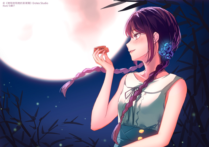 1991_(blz) 1girl bamboo blue_blood_lagoon commentary dress hair_ornament highres looking_to_the_side mid-autumn_festival moon mooncake moonlight official_art original purple_hair ribbon shirt smile solo solo_focus twintails white_shirt