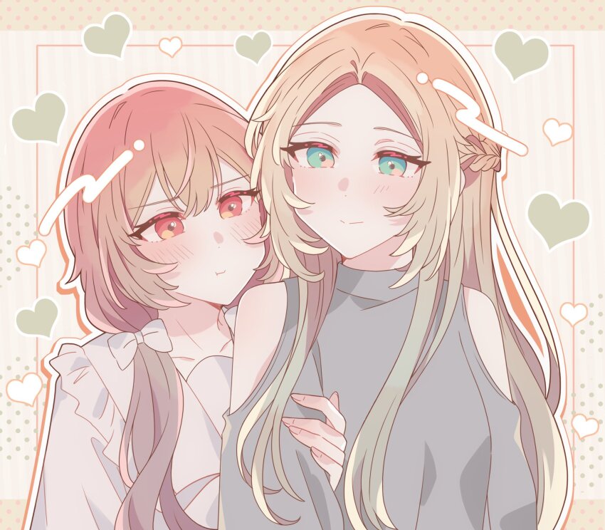 2girls blonde_hair blush closed_mouth clothing_cutout fuwa_aya gradient_hair green_eyes green_hair grey_shirt half_up_braid hand_on_another&#039;s_arm heart highres kousaka_0v0 long_hair multicolored_hair multiple_girls onna_doushi_toka_arienai_desho_to_iiharu_onnanoko_wo_hyakunichikan_de_tetteiteki_ni_otosu_yuri_no_ohanashi orange_eyes orange_hair pout sakakibara_marika shirt shoulder_cutout smile twintails upper_body yellow_background yuri