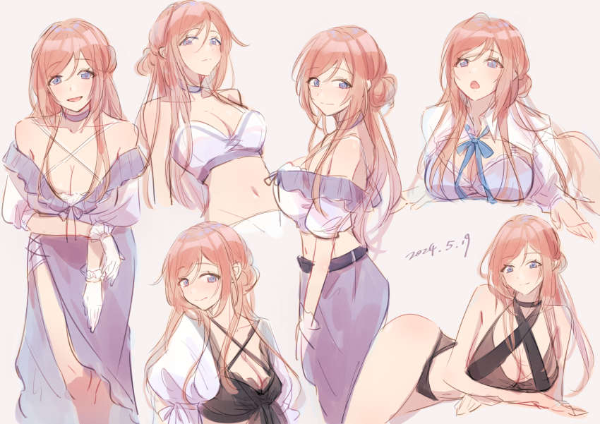 1girl absurdres bare_shoulders bikini black_bikini blue_ribbon blush breasts brown_hair cleavage clumsy_trick_(idolmaster) collarbone commentary_request dated gakuen_idolmaster highres idolmaster large_breasts multiple_views natsu_(jar1010) navel off-shoulder_shirt off_shoulder puffy_short_sleeves puffy_sleeves purple_skirt ribbon shirt short_sleeves skirt smile stomach swimsuit white_shirt