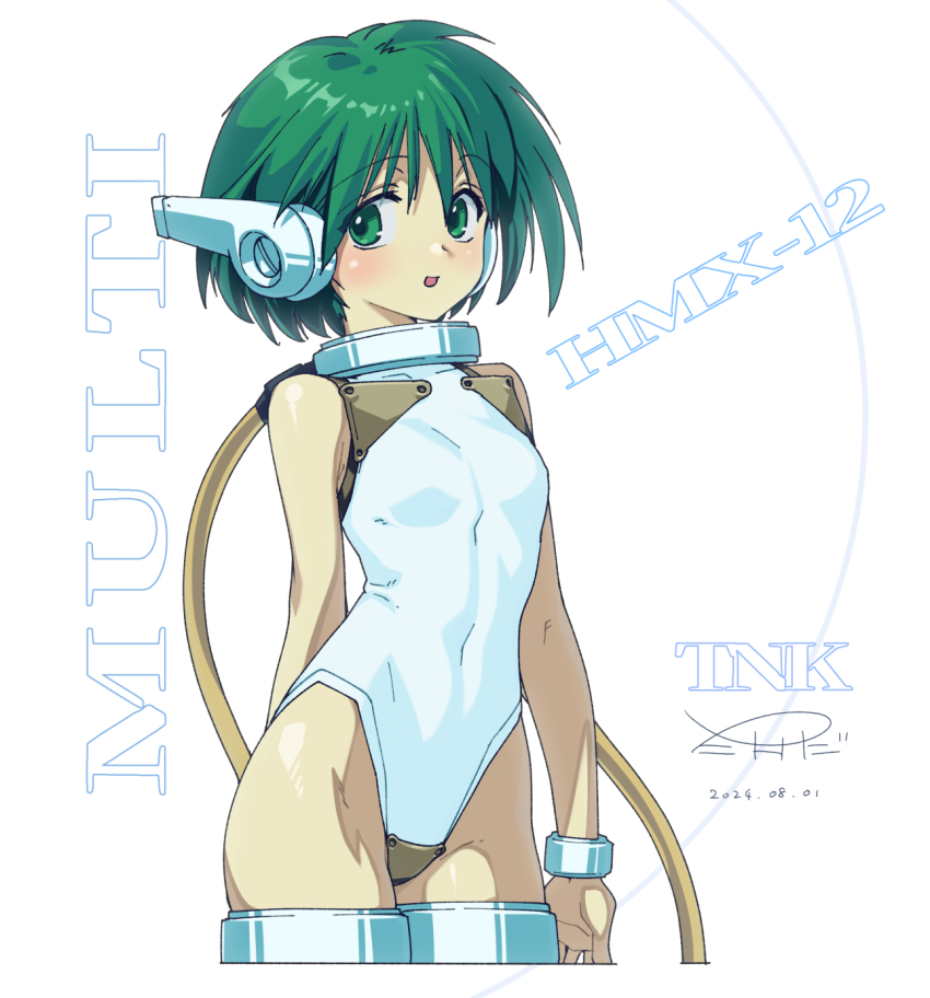 1girl android blush breasts commentary green_eyes green_hair highres leotard looking_at_viewer multi_(to_heart) open_mouth robot_ears short_hair small_breasts solo takada_kazuhiro to_heart to_heart_(series) white_leotard