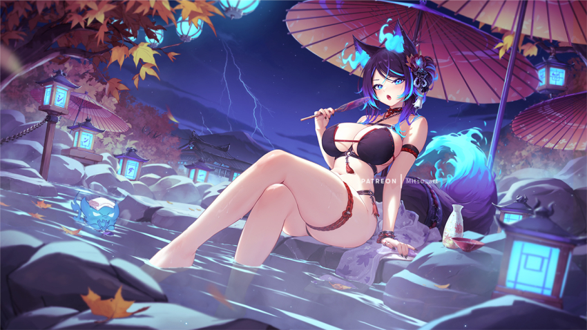 1girl animal_ears black_hair blue_hair breasts commentary_request crossed_legs fox_ears fox_girl fox_tail indie_virtual_youtuber lamp large_breasts leaf looking_at_viewer mitsu_(mitsu_art) multicolored_hair nail_polish night night_sky oil-paper_umbrella onsen open_mouth outdoors patreon_username short_hair sinder_(vtuber) sitting sky solo tail thighs thunder two-tone_hair umbrella virtual_youtuber water