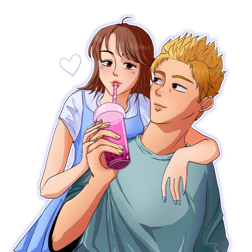 1boy 1girl absurdres ahoge bare_arms bipbapbidibap blonde_hair blush brown_hair bubble_tea closed_mouth couple cup disposable_cup dress drink drinking_straw facing_another facing_to_the_side flirting hands_on_another&#039;s_shoulders heart heart-shaped_pupils highres holding holding_cup holding_drink initial_d iwase_kyouko lips looking_back looking_to_the_side mature_female mature_male medium_hair nail parted_bangs reddit shirt short_hair short_sleeves symbol-shaped_pupils takahashi_keisuke very_short_hair vest