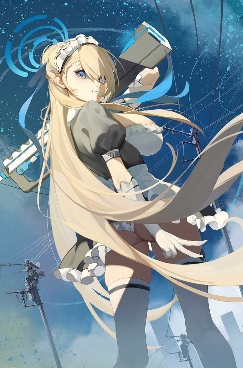 1girl ass asuna_(blue_archive) back blonde_hair blue_archive blue_eyes breasts gloves grin gun halo highres holding holding_gun holding_weapon large_breasts long_hair looking_at_viewer panties puffy_sleeves sky smile solo star_(sky) starry_sky thighhighs underwear uthspsk utility_pole v very_long_hair weapon white_gloves white_panties white_thighhighs