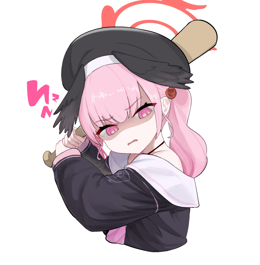 1girl baseball_bat beret black_hat black_shirt black_wings blue_archive bonefire0909 commentary cropped_torso feathered_wings halo hat head_wings highres holding holding_baseball_bat koharu_(blue_archive) korean_commentary long_hair long_sleeves parted_lips pink_eyes pink_hair red_halo shaded_face shirt simple_background solo twintails white_background wings