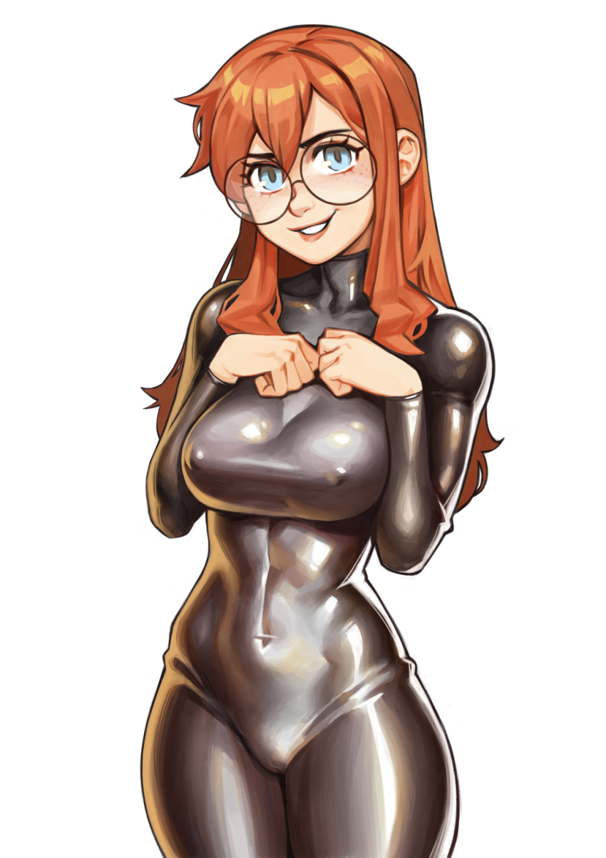 1girl blue_eyes bodysuit breasts cameltoe commission covered_erect_nipples effy_neprin freckles glasses hands_on_own_chest highres large_breasts latex light_blush lips long_hair orange_hair siri_jay smile teeth white_background