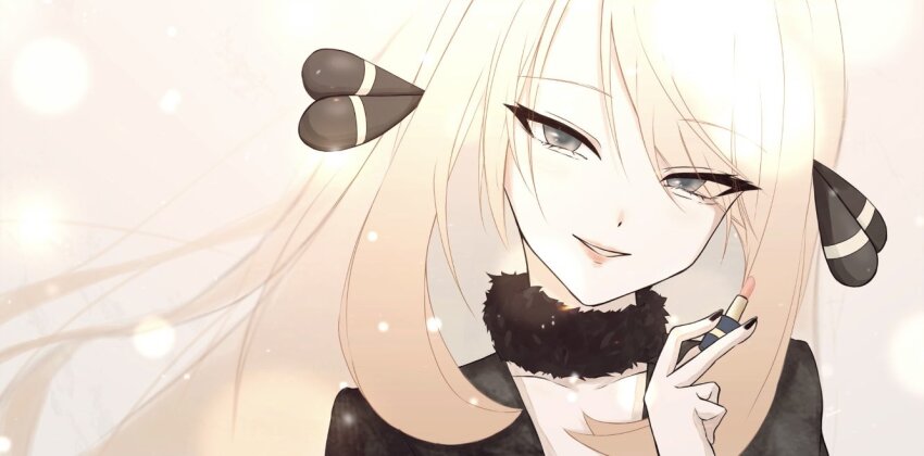 1girl black_coat blonde_hair coat cosmetics creatures_(company) cynthia_(pokemon) fur_collar game_freak grey_eyes hair_between_eyes hair_ornament holding holding_lipstick_tube lipstick lipstick_tube long_hair looking_at_viewer makeup marie_(pixiv59672544) nintendo parted_lips pokemon pokemon_(anime) pokemon_journeys smile solo upper_body