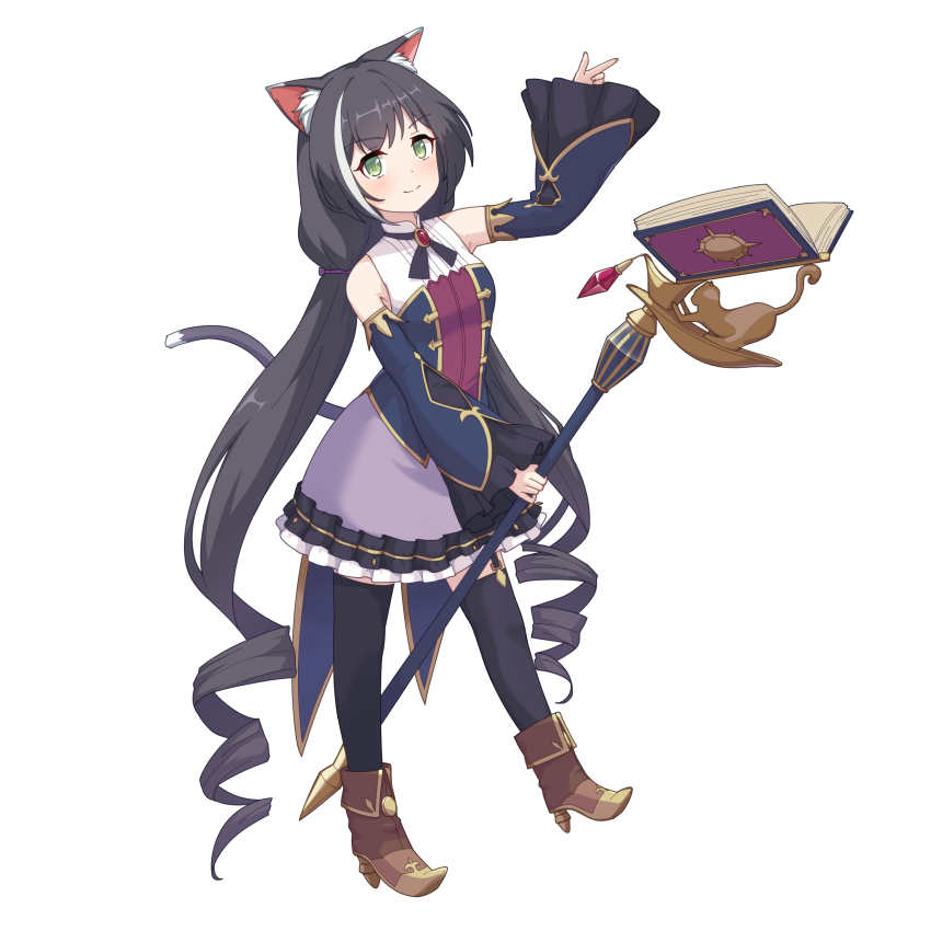 1girl absurdly_long_hair absurdres animal_ear_fluff animal_ears black_hair black_thighhighs blue_sleeves blush book brooch brown_footwear cat_ears cat_girl cat_tail closed_mouth dress frilled_dress frills full_body gem green_eyes highres holding holding_staff holding_weapon jewelry karyl_(princess_connect!) lius long_hair low_twintails multicolored_clothes multicolored_dress multicolored_hair open_book princess_connect! red_gemstone simple_background smile solo staff streaked_hair tail thighhighs twintails very_long_hair weapon white_background white_hair wide_sleeves