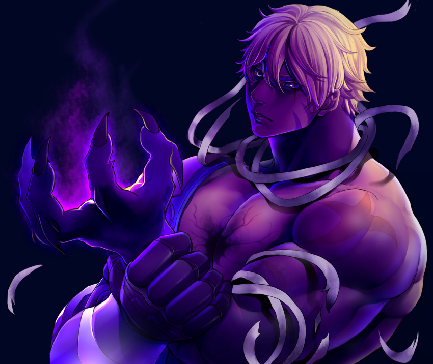 1boy bandages bara black_sclera blonde_hair character_request chillasan claws colored_sclera dark-skinned_male dark_skin gyee hair_between_eyes highres large_pectorals looking_at_viewer male_focus monster_boy muscular muscular_male pectoral_cleavage pectorals short_hair solo upper_body