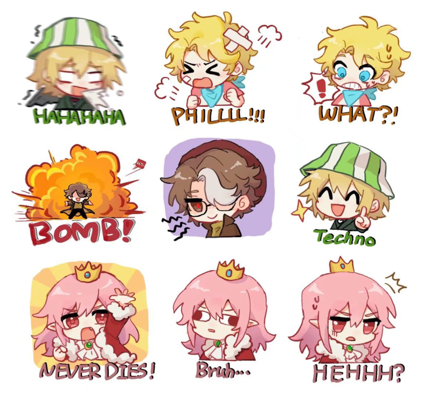 &gt;_&lt; 4boys androgynous annoyed aqua_neckerchief arm_up bird_boy bird_wings black_wings bleach blonde_hair brown_hair bucket_hat cape chibi chibi_only closed_eyes commentary cosplay crown dream_smp english_commentary english_text explosion fur_trim glasses green_hat green_kimono hat humanization japanese_clothes kimono laughing long_hair male_focus minecraft_youtube multiple_boys neckerchief official_alternate_costume ph1lza pink_hair pointing pointy_ears red_cape red_eyes short_hair standing sticker_(medium) striped_clothes striped_headwear surprised sweater technoblade tommyinnit urahara_kisuke urahara_kisuke_(cosplay) wangling_yinduren white_background wilbur_soot wings yellow_sweater