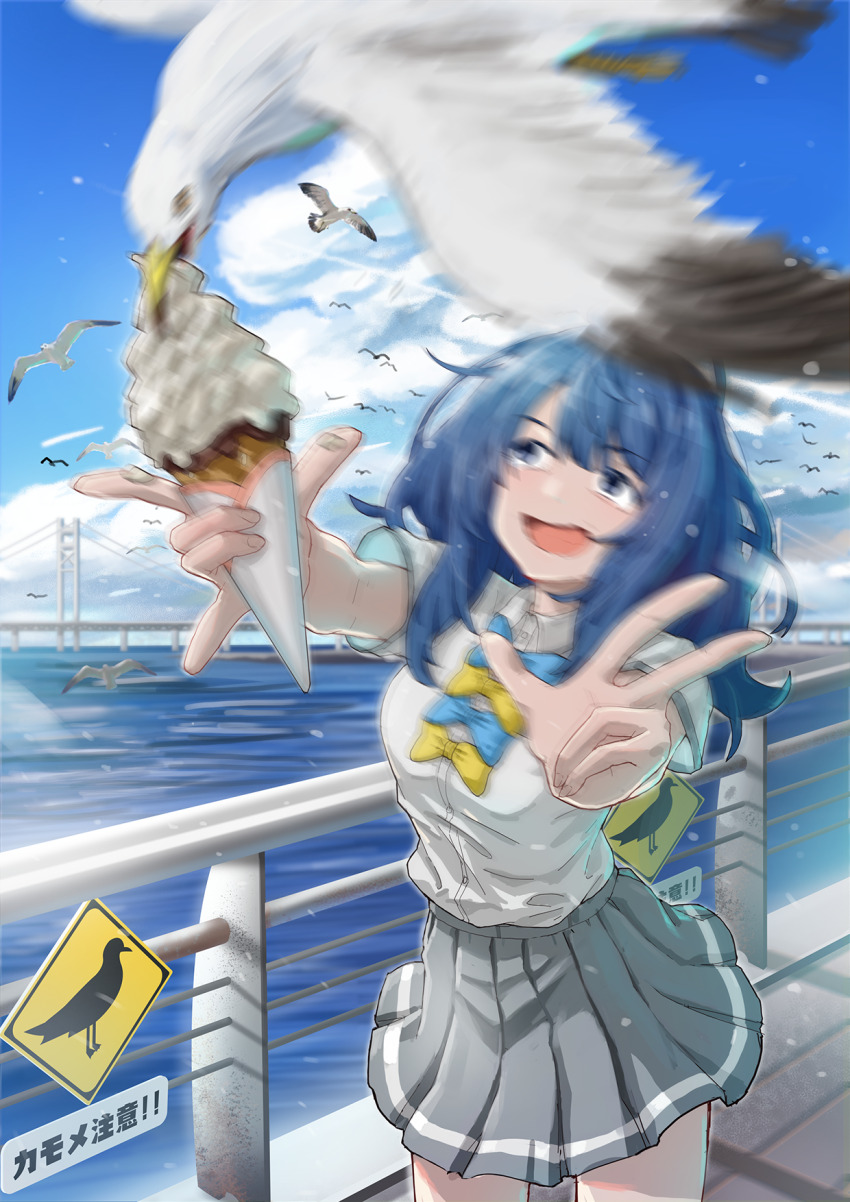 1girl ahoge bird blue_bow blue_bowtie blue_eyes blue_hair bow bowtie bridge cloud collared_shirt contrail crepe day food foreshortening grey_skirt highres holding_crepe make_heroine_ga_oo_sugiru! medium_hair motion_blur ocean open_mouth outdoors pleated_skirt railing school_uniform seagull shirt sign skirt sky solo summer_uniform suspension_bridge tiasphoenix translated v white_shirt yanami_anna yellow_bow yellow_bowtie