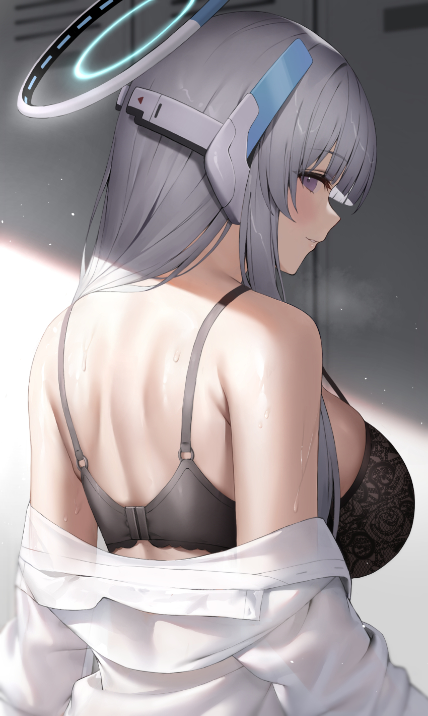 1girl absurdres black_bra blue_archive blush bra breasts clothes_pull commentary from_behind grey_hair halo headgear hibimaru highres large_breasts long_hair long_sleeves looking_at_viewer mechanical_halo noa_(blue_archive) parted_lips purple_eyes shirt shirt_pull smile solo sweat underwear upper_body white_shirt