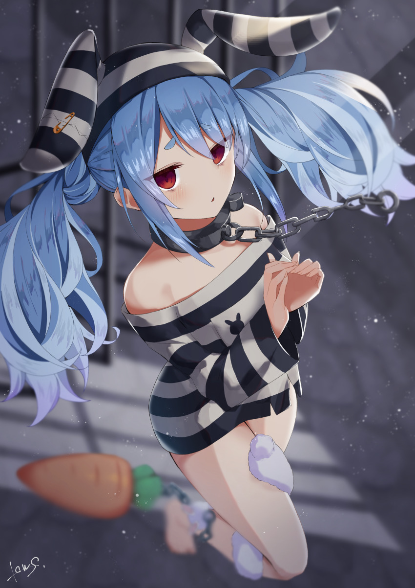 1girl :o absurdres animal_ears blue_hair blurry blurry_background blush bottomless breasts carrot chain collar cuffs depth_of_field empty_eyes extra_ears eyes_visible_through_hair floating_hair hands_up highres hololive indoors jitome long_hair looking_at_viewer lows. off-shoulder_shirt off_shoulder official_alternate_costume own_hands_together prison_clothes rabbit_ears red_eyes shackles shirt sidelocks signature small_breasts solo striped_clothes striped_headwear striped_shirt twintails usada_pekora usada_pekora_(prisoner) very_long_hair virtual_youtuber