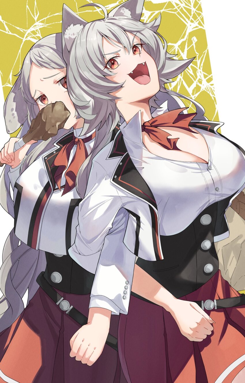 2girls ahoge animal_ear_fluff animal_ears breasts cat_ears cat_girl cat_tail chicken_(food) chicken_leg cleavage dog_ears dog_girl food fried_chicken grey_hair highres large_breasts long_hair looking_at_viewer meat multiple_girls mushoku_tensei open_mouth pursena_adoldia ranoa_magic_academy_school_uniform red_eyes red_skirt rinia_dedoldia saico_isshin school_uniform shirt short_hair skirt tail very_long_hair white_shirt