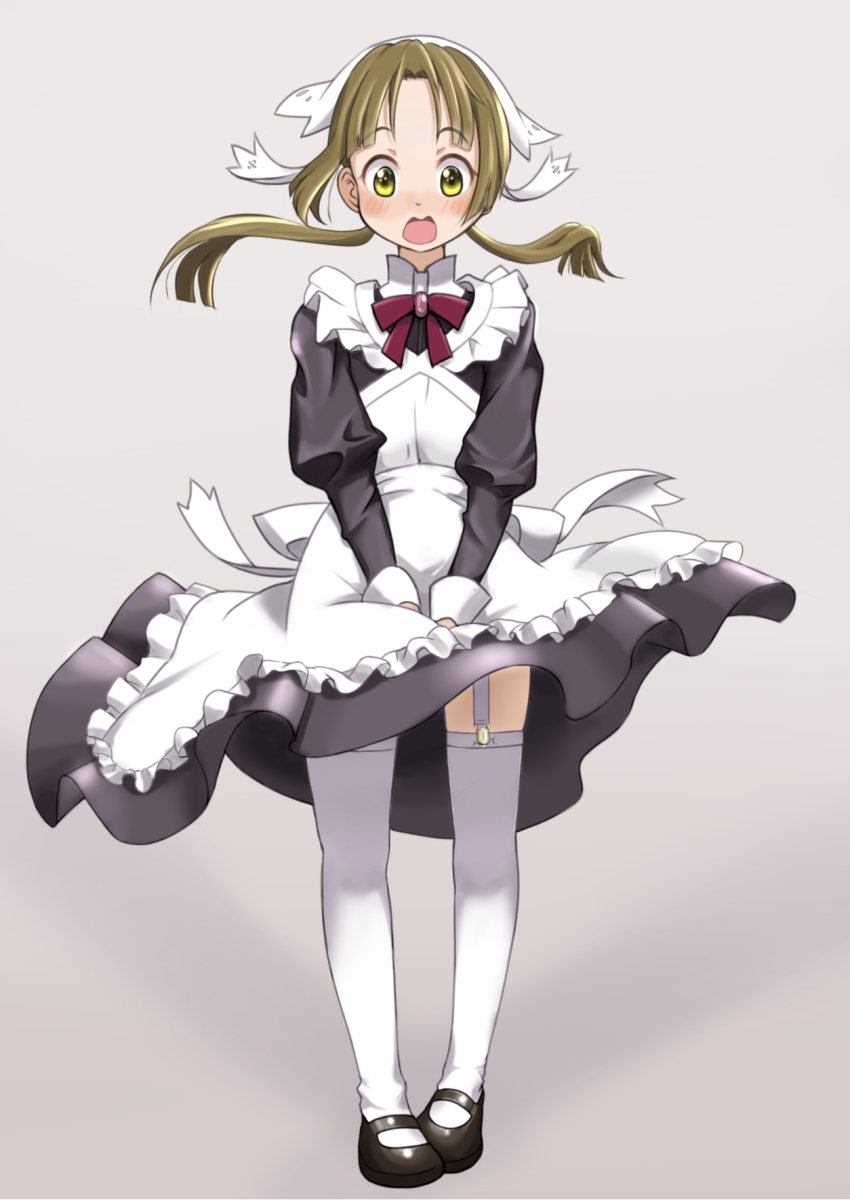 10s 1girl apron blush brooch eyebrows female_focus garter_straps gradient_background green_eyes green_hair highres jewelry looking_at_viewer lotte_(shuumatsu_no_izetta) maid maid_apron maid_headdress maisama mary_janes matching_hair/eyes open_mouth pigeon-toed ribbon shoes shuumatsu_no_izetta solo standing surprised thighhighs twintails white_thighhighs wind wind_lift