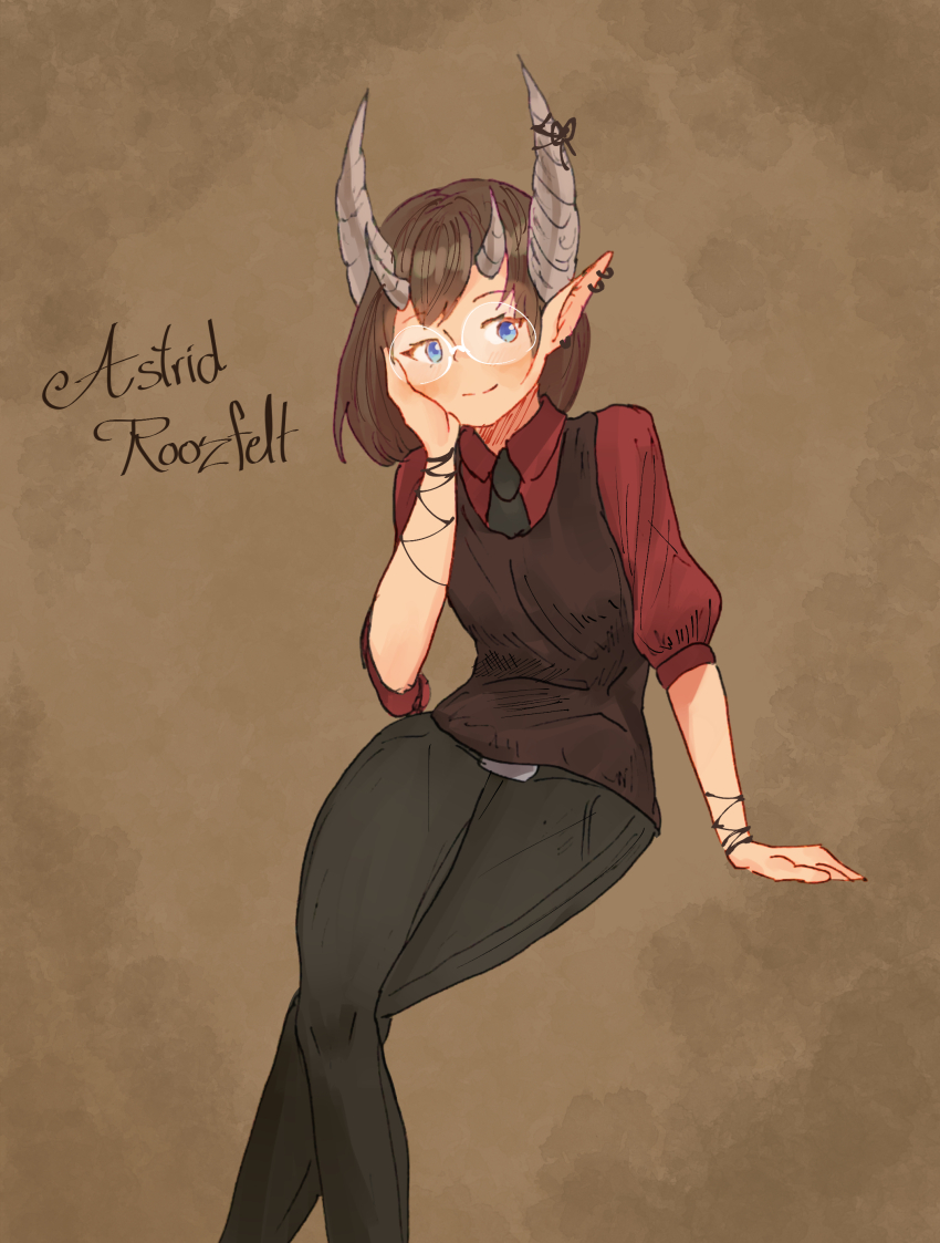 1girl absurdres arm_at_side belt black_necktie black_pants black_ribbon black_vest blue_eyes blush bracelet brown_background brown_hair character_name closed_mouth collared_shirt crossed_legs demon_girl demon_horns earrings female_focus flat_chest glasses grey_horns hand_on_own_cheek hand_on_own_face hand_up happy highres horn_ornament horn_ribbon horns invisible_chair jewelry looking_to_the_side medium_sleeves mixed_media multiple_earrings multiple_horns necktie original pants pocket pointy_ears red_shirt ribbon round_eyewear shirt short_hair sidelocks simple_background sitting smile solo spindle_(aidenr0) split_mouth vest white-framed_eyewear