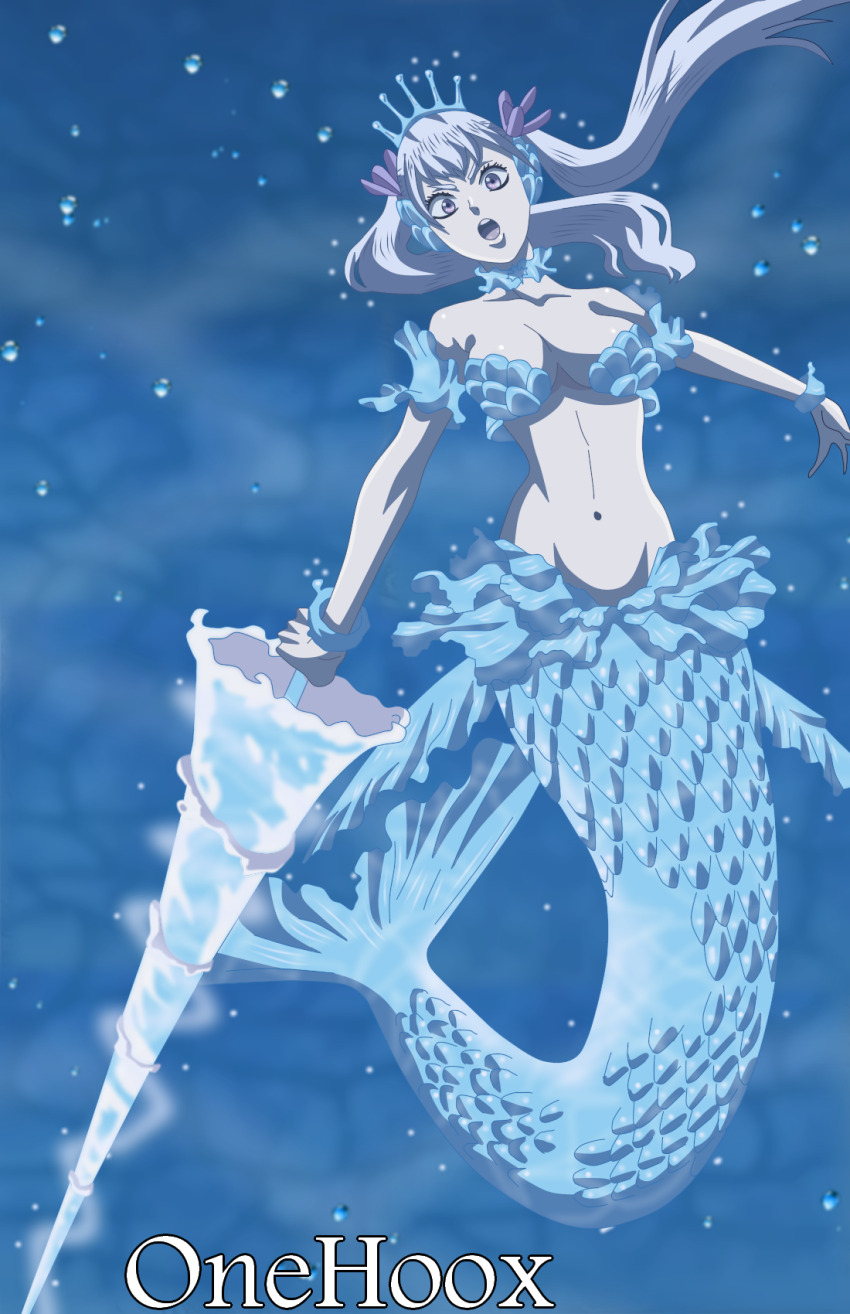 1girl armor black_clover breasts cleavage highres large_breasts long_hair mermaid mermaid_position mermaid_tail mermaid_transformation monster_girl noelle_silva onehoox text_focus twintails underwater