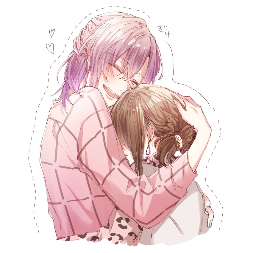 1boy 1girl aiaiharuharu amasawa_akari blush brown_hair cheetah_print closed_eyes earrings grey_vest hair_bun highres hug jewelry long_sleeves looking_at_viewer pink_shirt purple_hair shirt sympathykiss tainaka_nori turtleneck vest white_background