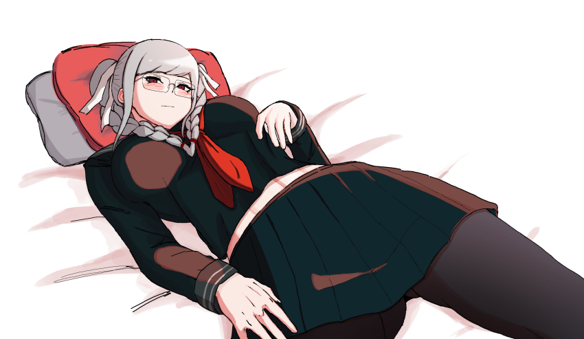 1girl black_legwear black_shirt black_skirt black_pantyhose blush braid danganronpa_(series) danganronpa_2:_goodbye_despair female_focus glasses hairtie hand_up highres long_hair long_sleeves looking_at_viewer lying midriff_peek pekoyama_peko pillow pleated_skirt red_eyes red_scarf scarf seongkun_(agn000) shirt silver_hair simple_background skirt solo twin_braids white_background