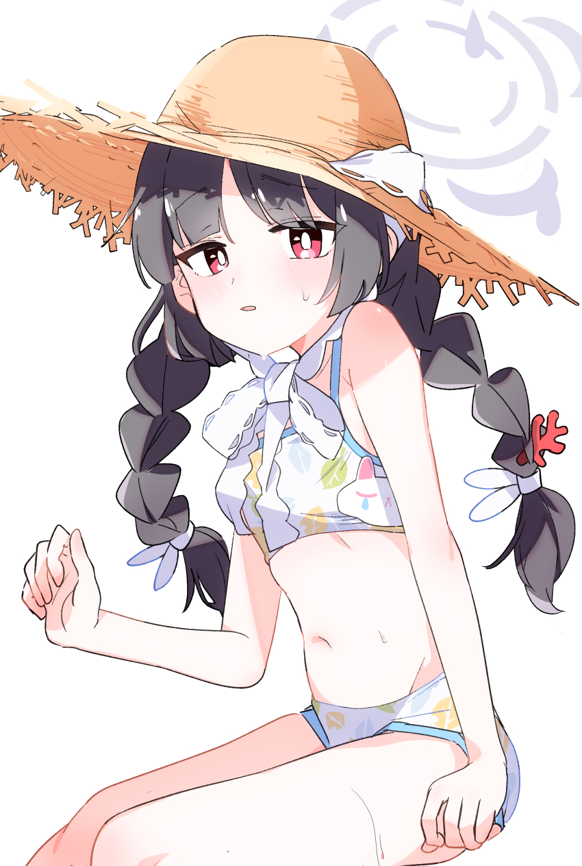 1girl absurdres blue_archive braid bright_pupils brown_hat fill_(fill_lemonn) grey_hair grey_halo hair_ribbon halo hand_up hat highres leaf_print long_hair looking_at_viewer low_twintails miyu_(blue_archive) miyu_(swimsuit)_(blue_archive) navel neck_ribbon parted_lips print_swimsuit red_eyes ribbon sidelocks simple_background spaghetti_strap straw_hat sweat swimsuit twin_braids twintails white_background white_pupils white_ribbon