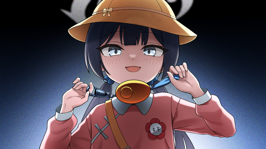 1girl :d absurdres bag black_hair blue_archive blush cord_pull crime_prevention_buzzer crime_prevention_buzzer_threat golmonggu gradient_background grey_eyes hair_bobbles hair_ornament halo hands_up hat highres kindergarten_uniform kisaki_(blue_archive) kisaki_(kindergarten_uniform)_(blue_archive) long_hair long_sleeves looking_at_viewer low_twintails open_mouth school_hat shirt shukusei!!_loli-kami_requiem simple_background smile solo twintails upper_body yellow_hat