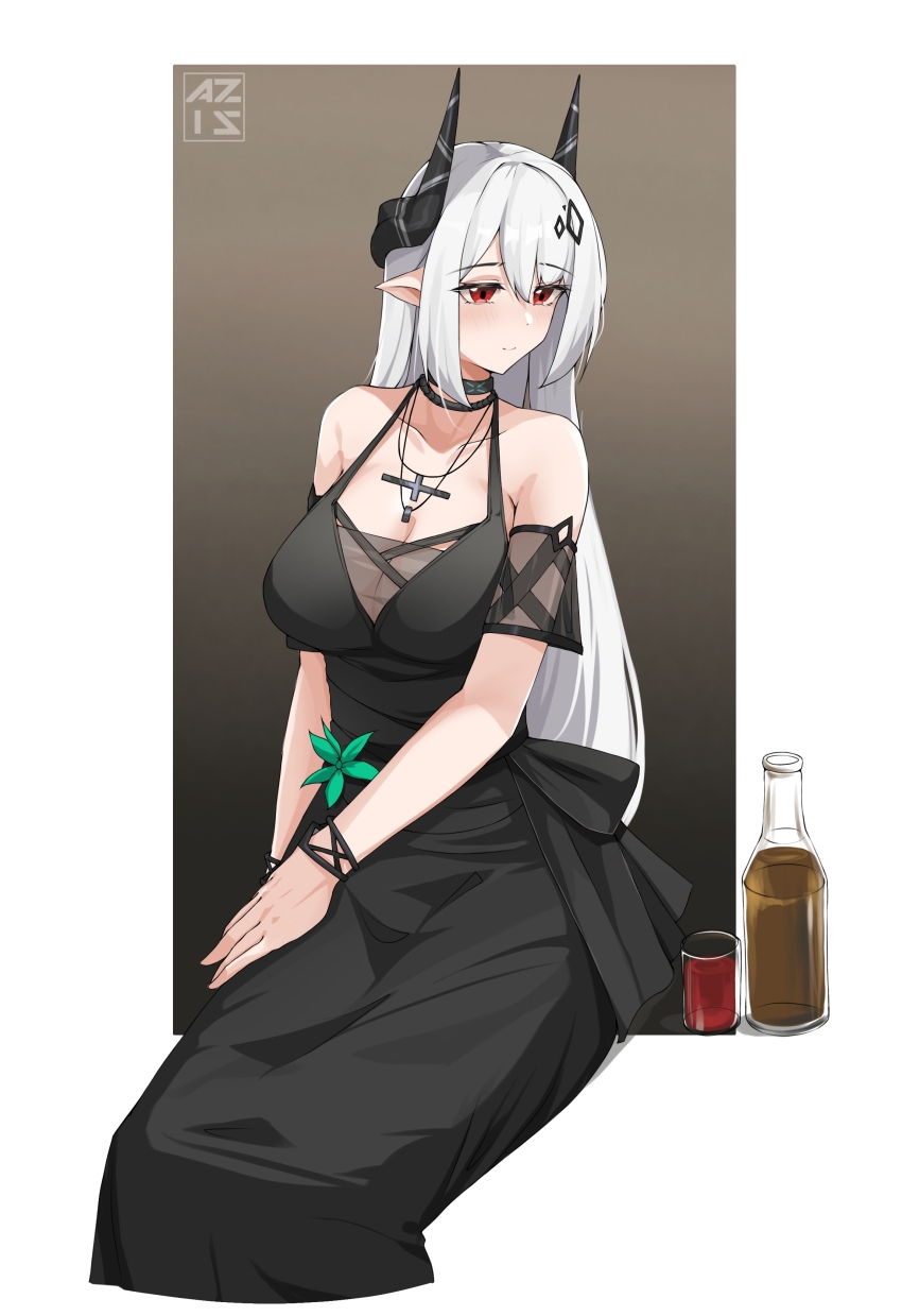 1girl absurdres arknights artist_logo azisalter black_dress bottle breasts closed_mouth commentary cup dress drinking_glass hair_between_eyes halter_dress halterneck highres infection_monitor_(arknights) large_breasts logo long_hair looking_down mudrock_(arknights) mudrock_(obsidian)_(arknights) official_alternate_costume pointy_ears red_eyes sitting smile solo turning_head white_hair