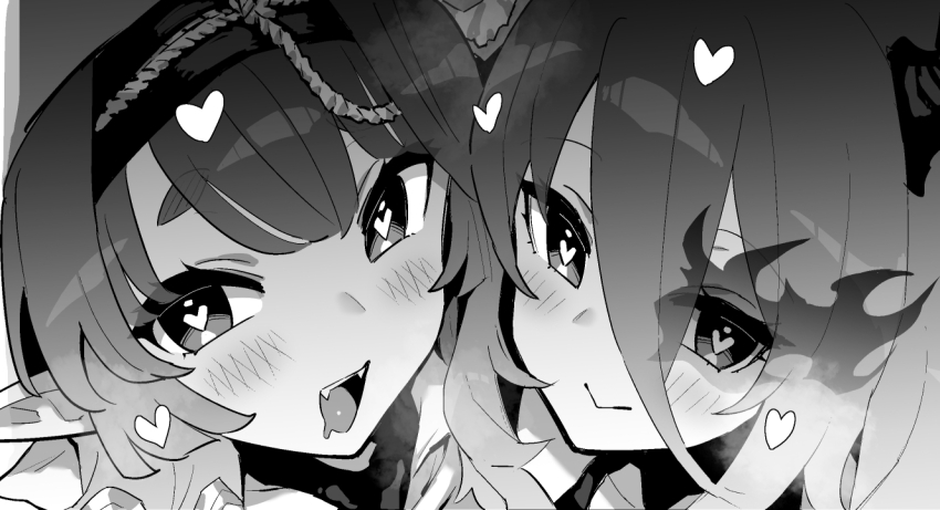 2girls :&gt; amity_(azur_lane) azur_lane azur_lane:_slow_ahead blush fangs greyscale heart heart-shaped_pupils hori_(hori_no_su) long_bangs looking_at_viewer monochrome multiple_girls official_art open_mouth pointy_ears portsmouth_adventure_(azur_lane) smile symbol-shaped_pupils thick_eyebrows upper_body