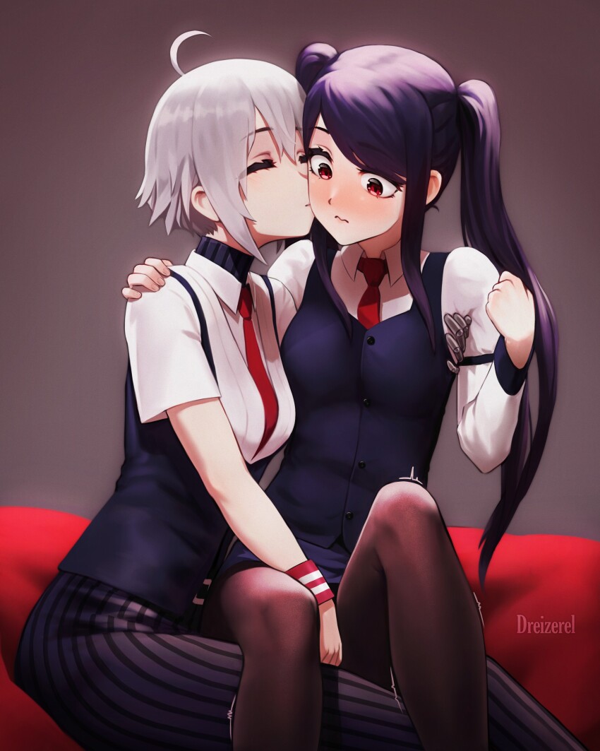 2girls absurdres ahoge artist_name between_legs black_hair black_pants black_pantyhose black_vest blush breasts closed_mouth collared_shirt dana_zane dreizerel feet_out_of_frame grey_hair hair_between_eyes hand_between_legs hand_up highres jill_stingray large_breasts legs_apart long_hair long_sleeves multiple_girls necktie nose_blush pants pantyhose pinstripe_pants pinstripe_pattern prosthesis prosthetic_hand red_eyes red_necktie shirt short_hair short_sleeves suspenders trembling twintails va-11_hall-a vest white_shirt yuri