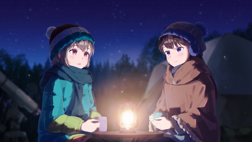 2girls absurdres bang_dream! bang_dream!_it&#039;s_mygo!!!!! beanie blue_jacket blue_scarf blush brown_hair brown_jacket camping closed_mouth commentary cup english_commentary grey_hair hat highres holding holding_cup hood hood_down hooded_jacket jacket lantern long_hair mole mole_under_eye mug multiple_girls night night_sky open_mouth outdoors purple_eyes raito_taisha red_eyes scarf shiina_taki short_hair sidelocks sky star_(sky) starry_sky takamatsu_tomori telescope winter_clothes