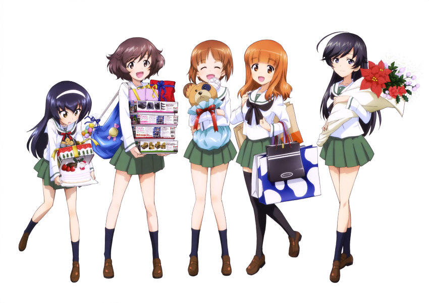 10s 5girls :d absurdres akiyama_yukari bag black_eyes black_hair black_neckwear black_socks blue_hair blue_legwear blunt_bangs boko_(girls_und_panzer) bouquet brown_footwear closed_eyes collarbone elbow_carry flower full_body girls_und_panzer hairband highres holding holding_bag holding_bouquet isuzu_hana kneehighs leg_up loafers long_hair looking_at_viewer miniskirt multiple_girls nishizumi_miho official_art ooarai_school_uniform open_mouth orange_hair pleated_skirt red_flower reizei_mako school_uniform serafuku shirt shoes short_hair skirt smile socks standing stuffed_animal stuffed_toy takebe_saori teddy_bear thighhighs very_long_hair white_background white_flower white_hairband white_shirt yoshida_nobuyoshi zettai_ryouiki