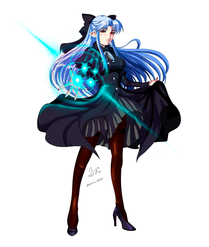 1girl absurdres aged_up aioria18991 artist_name black_bow black_dress blue_hair bow capelet dress hair_bow half_updo highres len_(tsukihime) long_hair long_sleeves looking_at_viewer melty_blood pointy_ears red_eyes ribbon signature solo thighhighs tsukihime white_background