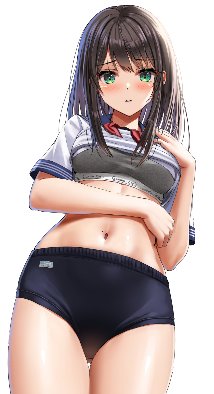 1girl black_buruma black_hair blue_sailor_collar blush brand_name_imitation buruma calvin_klein clothes_lift commentary_request green_eyes grey_sports_bra hair_ornament highres long_hair looking_at_viewer navel original parted_lips sail sailor_collar school_uniform shirt shirt_lift short_sleeves sidelocks simple_background solo sports_bra standing thighs white_background white_shirt yukemuriganmo