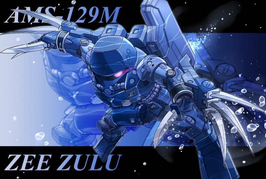 blade bubble character_name chibi claws glowing gundam gundam_unicorn knife mecha memento_vivi no_humans robot solo underwater zee-zulu zoom_layer