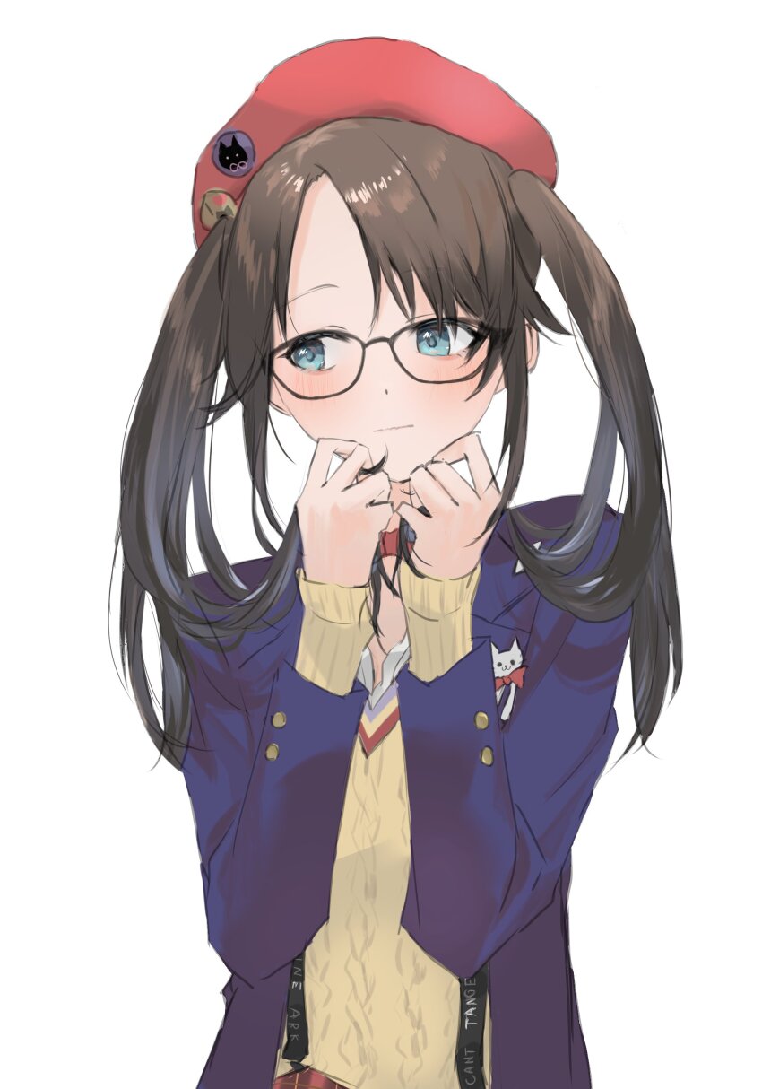 1girl absurdres animal_print badge beret black_hair blue_eyes blue_jacket blush button_badge buttoned_cuffs buttons cat_print choker erumu_(elm_green411) glasses hands_up hat highres idolmaster idolmaster_shiny_colors jacket long_hair looking_to_the_side mitsumine_yuika open_collar portrait red_choker red_hat ribbed_shirt shirt sideways_glance suspenders sweater twintails yellow_sweater