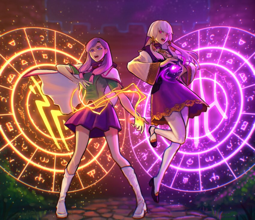 2girls black_footwear boots cape commentary commission dress english_commentary fire_emblem fire_emblem:_path_of_radiance fire_emblem:_three_houses fire_emblem_heroes floating gold_trim green_shirt highres ilyana_(fire_emblem) long_hair long_sleeves looking_at_viewer low_twintails lysithea_von_ordelia magic magic_circle multiple_girls nintendo open_mouth pantyhose pink_eyes purple_dress purple_eyes purple_hair purple_skirt sethkiel shirt shoes short_sleeves skirt teeth twintails two-tone_dress upper_teeth_only veil white_cape white_dress white_footwear white_hair white_pantyhose wide_sleeves