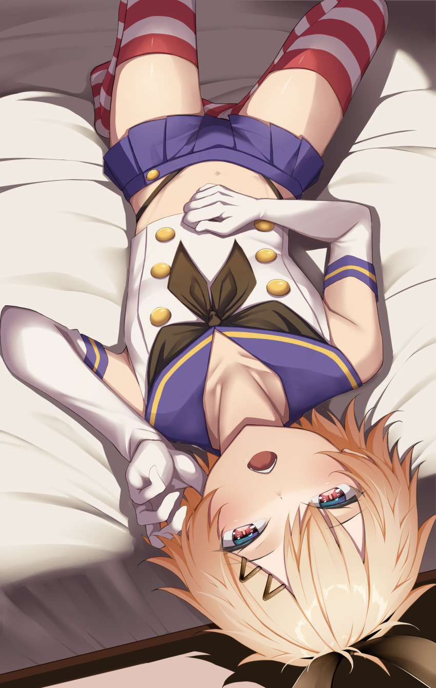 1boy absurdres black_neckerchief black_panties blonde_hair blue_eyes blue_sailor_collar blue_skirt cosplay creek_(moon-sky) crop_top crossdressing elbow_gloves gloves highleg highleg_panties highres horizontal-striped_thighhighs kantai_collection lying male_focus microskirt navel neckerchief on_back original panties pleated_skirt red_eyes sailor_collar shimakaze-kun shimakaze_(kancolle) shimakaze_(kancolle)_(cosplay) short_hair skirt solo striped_clothes striped_thighhighs thighhighs thong trap two-tone_eyes underwear white_gloves