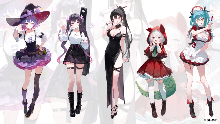 5girls absurdres alternate_costume animal_ear_hood ankle_boots aotsuki_remia apron aqua_hair arm_bow arm_strap asymmetrical_legwear back_bow belly_chain belt belt_boots black_belt black_bow black_bowtie black_footwear black_hair black_nails black_skirt bloomers blouse bodice boots bow bowtie bra_strap braid braided_sidelock breasts brown_belt brown_footwear capelet cleavage_cutout clothing_cutout collared_dress colored_inner_hair cross-laced_footwear curled_fingers dirndl double-parted_bangs dress earrings fake_animal_ears fangs fishnet_thighhighs fishnets fold-over_boots fold-over_shoes footwear_bow full_body garter_straps german_clothes ghost green_eyes green_necktie hair_between_eyes hair_bow hair_intakes hair_ornament hairpin halter_dress halterneck hand_on_own_hip hands_on_own_cheeks hands_on_own_face hat hat_bow heart heart_earrings heart_o-ring high-waist_skirt high_heel_boots high_heels high_ponytail highres holding holding_syringe hood hooded_capelet instrument_case instrument_case_on_back jewelry jisaki_jira knee_boots kneehighs kuroha_arya lace lace-trimmed_collar lace-trimmed_dress lace-trimmed_skirt lace-up_boots lace_trim large_breasts layered_skirt long_dress long_hair long_sleeves looking_at_viewer maid maid_apron medium_breasts medium_hair mikure_narin multicolored_clothes multicolored_hair multicolored_skirt multiple_belts multiple_girls multiple_hairpins necktie nurse_cap o-ring o-ring_thigh_strap one_eye_closed open_mouth orange_bow parted_bangs pinafore_dress pink_eyes pink_hair pink_ribbon plaid_clothes plaid_skirt pleated_dress ponytail puffy_long_sleeves puffy_short_sleeves puffy_sleeves purple_bow purple_eyes purple_hair red_capelet red_dress red_eyes ribbon ribbon-trimmed_dress shirt short_dress short_hair short_sleeves side_slit sidelocks single_fishnet_legwear single_garter_strap single_thighhigh skirt sleeve_ribbon sleeveless sleeveless_dress small_breasts smile socks solari_riko soybean_(hisoybean) star_(symbol) star_print streaked_hair sweater sweater_tucked_in syringe tail thigh_strap thighhighs tongue tongue_out twin_braids twintails two-tone_hair two-tone_skirt two_side_up unconventional_maid underwear uneven_legwear v virtual_youtuber vspo! vspo!_en waist_bag white_background white_bloomers white_hair white_thighhighs wide_sleeves witch_hat yellow_eyes zoom_layer