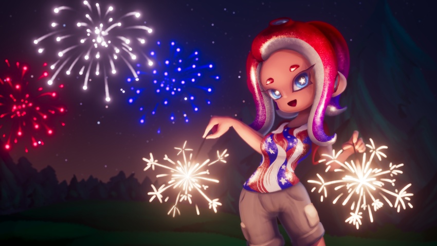 1girl absurdres american_flag american_flag_print blue_eyes blue_hair blue_shirt breasts brown_shorts fireworks flag_print fourth_of_july grass highres holding holding_sparkler long_hair looking_at_viewer medium_breasts multicolored_hair multicolored_shirt night night_sky nintendo octoling octoling_girl octoling_player_character octopus_girl open_mouth pointy_ears print_shirt red_hair red_shirt shirt short_sleeves shorts sky smile soandnb sparkler splatoon_(series) standing star-shaped_pupils star_(sky) star_(symbol) star_print starry_sky suction_cups symbol-shaped_pupils tentacle_hair tree two-tone_hair white_shirt