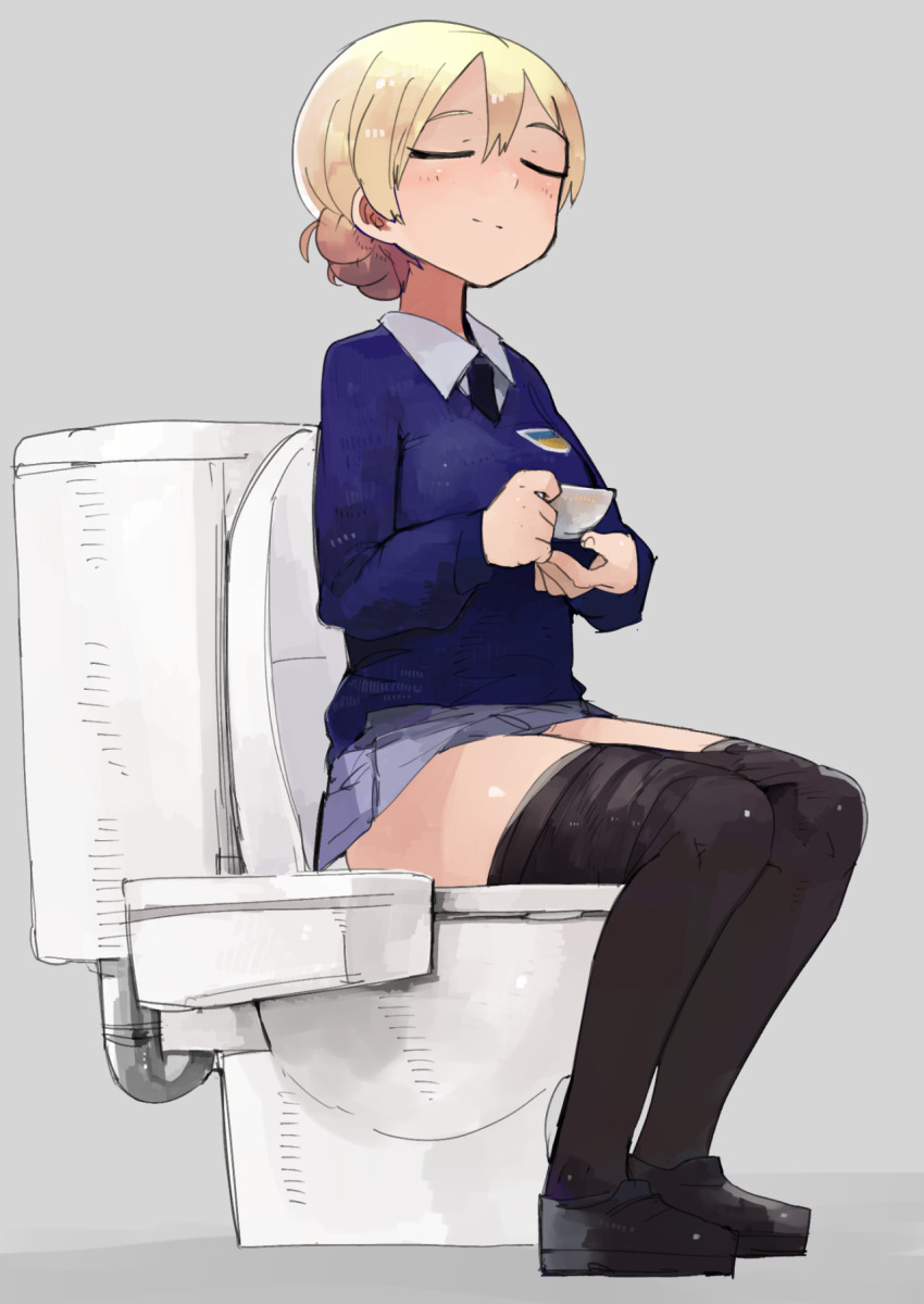 1girl bad_id bad_tumblr_id black_necktie black_pantyhose blonde_hair blue_skirt blue_sweater breasts closed_mouth clothes_pull collared_shirt cup darjeeling_(girls_und_panzer) girls_und_panzer grey_background hair_between_eyes highres holding holding_cup long_sleeves medium_breasts miniskirt necktie pantyhose pantyhose_pull raichiyo school_uniform shirt shirt_under_sweater short_hair simple_background sitting skirt solo split_mouth st._gloriana&#039;s_school_uniform sweater teacup toilet toilet_use white_shirt