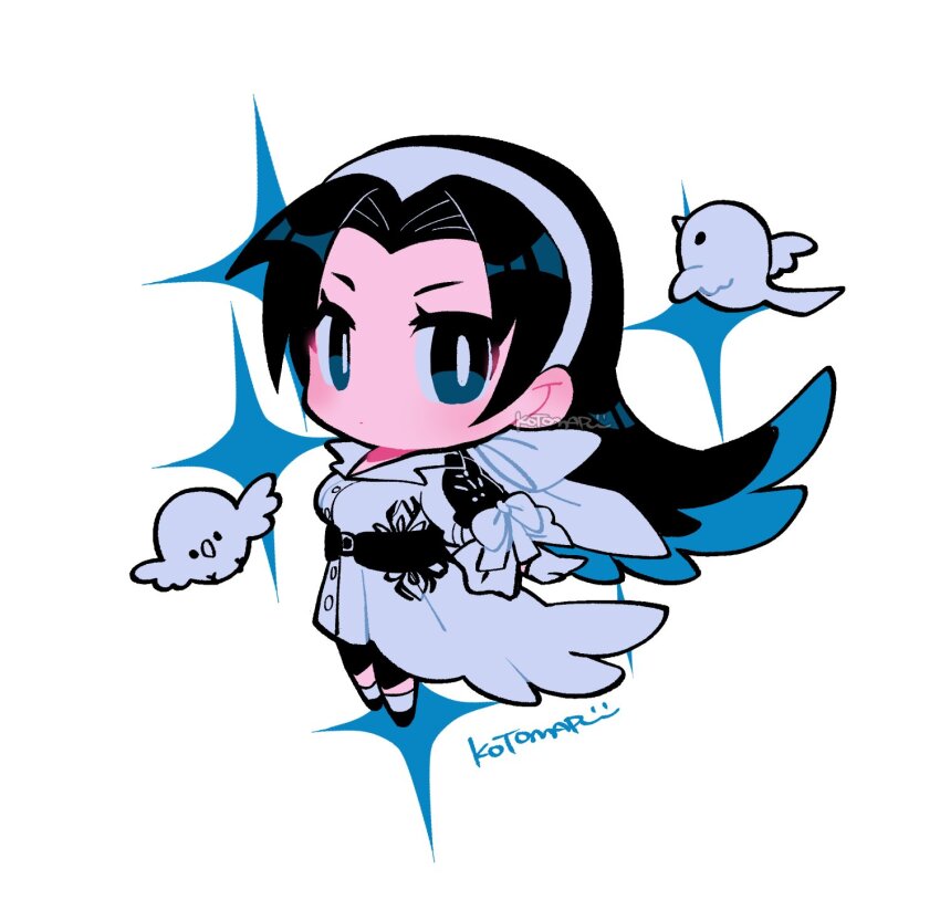 1girl belt bird black_belt black_hair bright_pupils chibi chibi_only closed_mouth curtained_hair dot_mouth eyelashes full_body hairband highres kazama_jun kotorai long_hair long_sleeves looking_at_viewer signature socks solo sparkle tekken tekken_8 very_long_hair white_bird white_hairband white_pupils white_socks