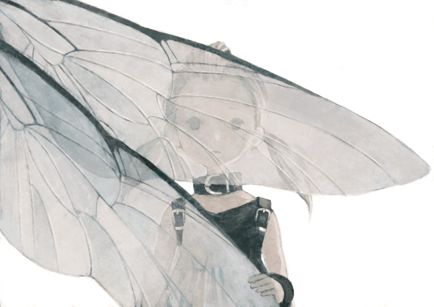 1girl bad_id bad_pixiv_id bare_shoulders black_collar black_dress blonde_hair collar dress fio_(nier) gu_(goodnight) hair_pulled_back holding insect_wings long_hair looking_at_viewer low_twintails nier_(series) nier_reincarnation simple_background sleeveless sleeveless_dress solo straight-on transparent_wings twintails upper_body white_background white_hair wings