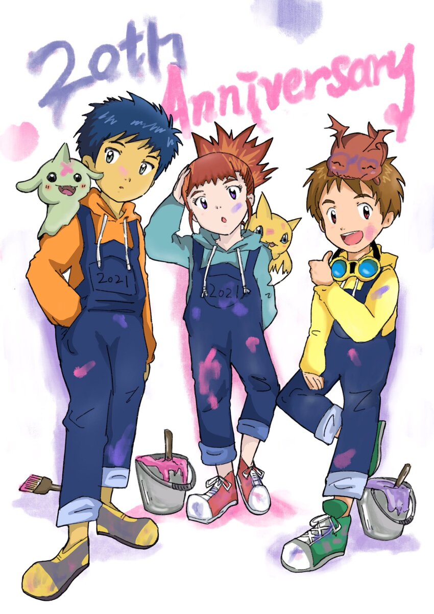 digimon goggles goggles_around_neck gummymon highres jyarimon lee_jianliang makino_ruki matsuda_takato paintbrush pokomon_(digimon) simple_background white_background